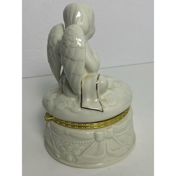 Porcelain Angel Trinket Box with Gold Trim Holding A Bird W Bird House Hinged - Picture 9 of 12